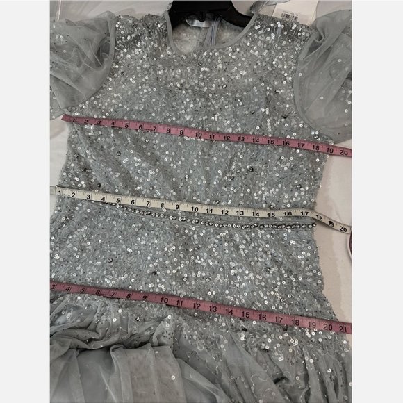 NWT $598 Mac Duggal [ 14 ] Cape Sleeve Beaded Tea A-Line Dress Powder Blue‎ - Picture 3 of 16